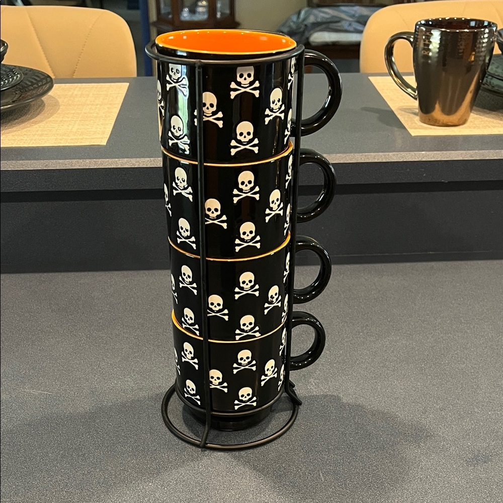 Skull Design Black and Orange Stacking Mugs Set
